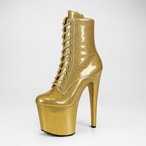 Gold Patent Leather Pole Dancing Boots: Exotic Lace-Up Shoes