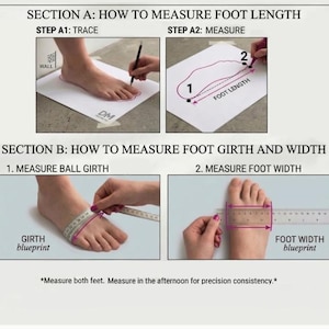 Op de afbeelding: Een instructiegids getiteld SECTION A: HOW TO MEASURE FOOT LENGTH en SECTION B: HOW TO MEASURE FOOT GIRTH AND WIDTH. Het bevat diagrammen die laten zien hoe je een voet omtrekt, de lengte, de balomtrek en de voetbreedte met een liniaal meet.