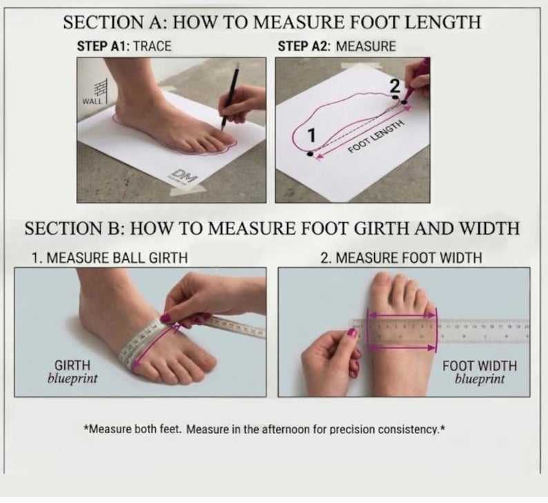 Op de afbeelding: Een instructiegids getiteld SECTION A: HOW TO MEASURE FOOT LENGTH en SECTION B: HOW TO MEASURE FOOT GIRTH AND WIDTH. Het bevat diagrammen die laten zien hoe je een voet omtrekt, de lengte, de balomtrek en de voetbreedte met een liniaal meet.
