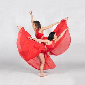 May include: Two dancers in red dresses perform a synchronized dance pose. The dancers are wearing red dresses with flowing fabric that creates a dramatic effect.