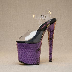 Purple Snakeskin Platform Stiletto Heels with Clear Ankle Strap