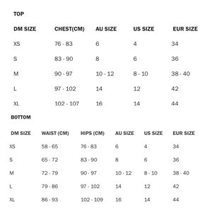 May include: Size chart for tops and bottoms with measurements in centimeters and inches. The chart shows the corresponding sizes for different countries, including XS, S, M, L, and XL.