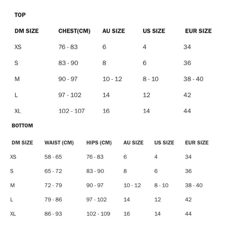 May include: Size chart for tops and bottoms with measurements in centimeters and inches. The chart shows the corresponding sizes for different countries, including XS, S, M, L, and XL.