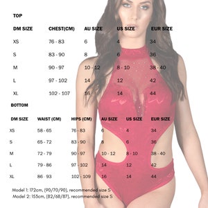 May include: Size chart for a red bodysuit with a mesh overlay. The chart shows measurements in inches for chest, waist, and hips, as well as corresponding sizes in US, Australian, and European sizing.