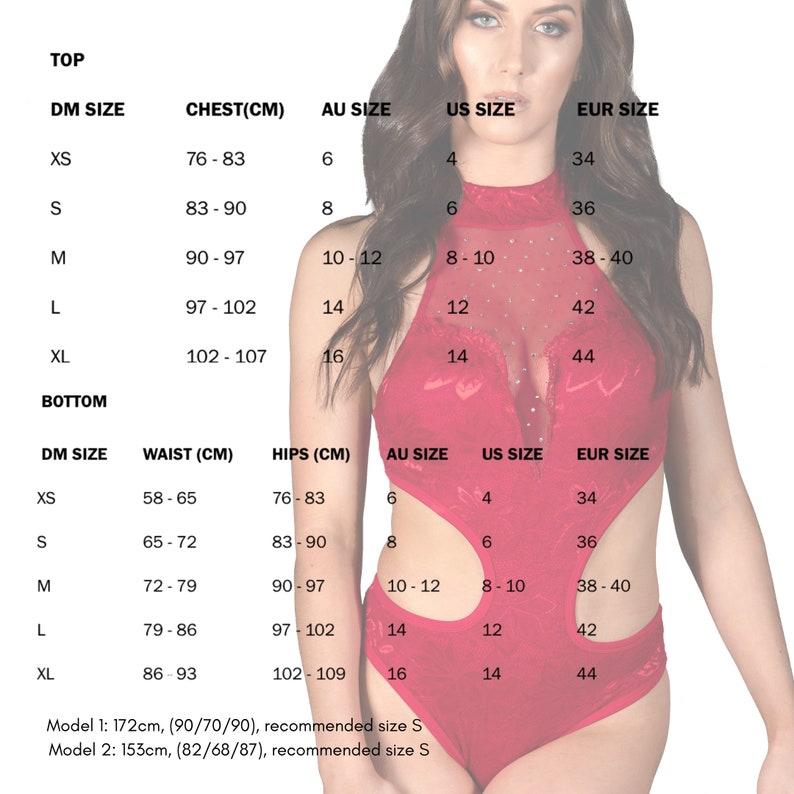 May include: Size chart for a red bodysuit with a mesh overlay. The chart shows measurements in inches for chest, waist, and hips, as well as corresponding sizes in US, Australian, and European sizing.