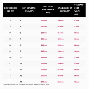 Op de afbeelding: Een zwart-witte maattabel met de titel DM Precision Size (EU) met kolommen voor US Women (Pleaser) referentie, voetlengte, voetomtrek en standaard voetbreedte in millimeters, vari&euml;rend van maat 34 tot en met 44.