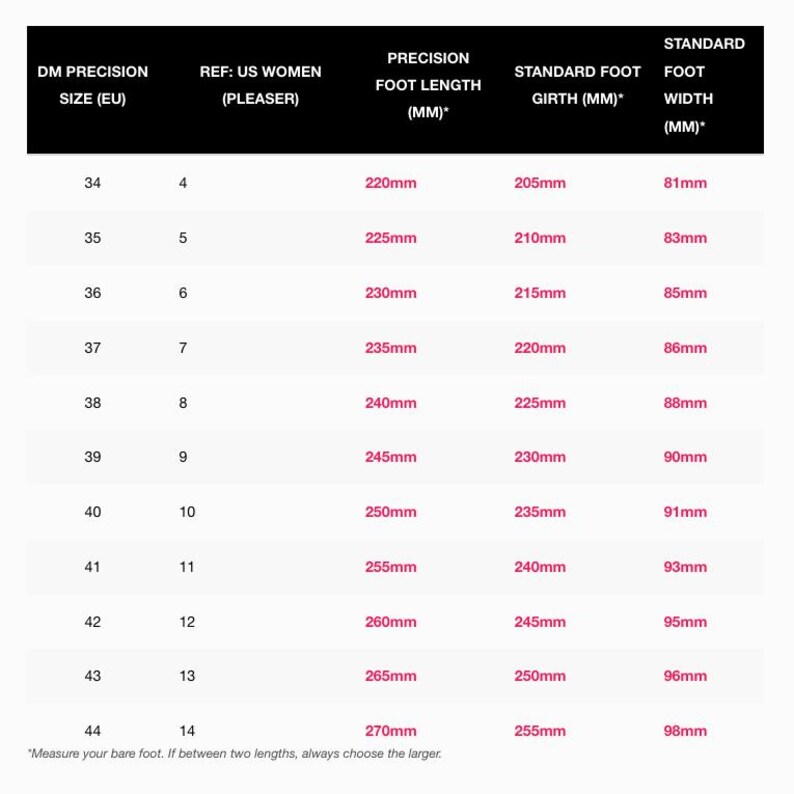 Op de afbeelding: Een zwart-witte maattabel met de titel DM Precision Size (EU) met kolommen voor US Women (Pleaser) referentie, voetlengte, voetomtrek en standaard voetbreedte in millimeters, vari&euml;rend van maat 34 tot en met 44.