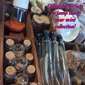 May include: A wooden organizer filled with small glass bottles with cork stoppers, clear vials with black stoppers, and other miniature curiosities. The text reads "Curio starter sets to jump start your mini collection!"