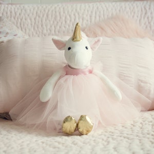 Inspired by Jewel Ella The Unicorn Premium Quality Stuffed White Unicorn Plush Doll with Golden Horn, Hooves, Flowing Pink Mane & Soft Tail