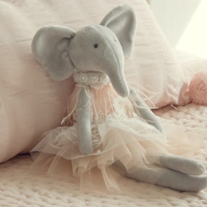 Daisy The Elephant Handmade Plush Stuffed Animal Doll Pink Tulle, Feather & Pearl Dress Girls Baby Shower Christening Birthday Gift Dance