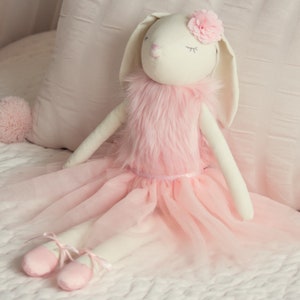 Lilly The Bunny, Beautiful Cotton Linen Plush Doll, Floppy Ears, Arms plus Legs, Pink Ballerina Tutu, Slippers & Fur Top, Hand Stitched Face