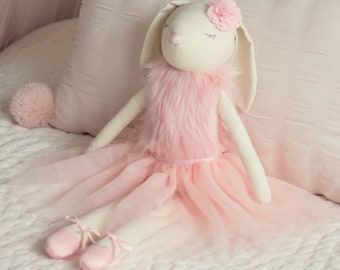 Lilly The Bunny, Beautiful Cotton Linen Plush Doll, Floppy Ears, Arms plus Legs, Pink Ballerina Tutu, Slippers & Fur Top, Hand Stitched Face