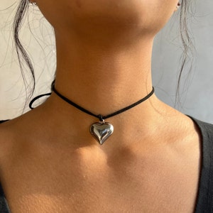 Puffed Heart String Necklace Black Cord Long Wrap Tie Choker Silver Gold  Stainless Steel Chunky 3D Puffy Pendant Handmade Unisex Jewelry 