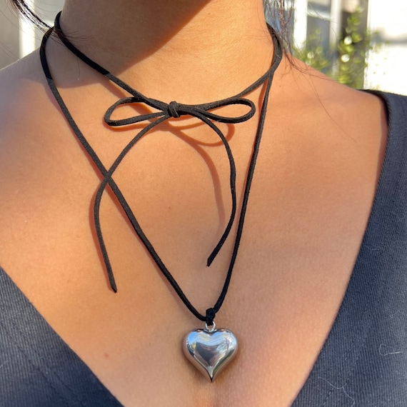 Long black cord necklace with hoops