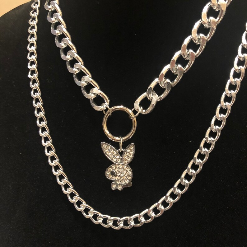 2 Layer chunky chain rhinestone playboy pendant necklace | Etsy