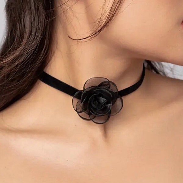 Black Vintage Flower Choker Ribbon Necklace/Wrap Around Rose String Choker Tie/ Victorian Black Floral Choker/Prom, Bridesmaid, Gift for her