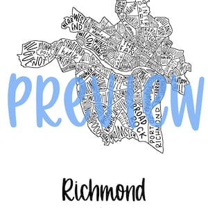 Puede incluir: Mapa en blanco y negro de Richmond, Virginia, con los nombres de los barrios. La palabra "PREVIEW" está escrita en azul claro sobre el mapa. El nombre de la ciudad y el estado están escritos en negro debajo.