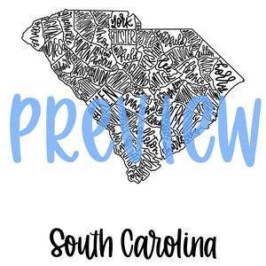 May include: A black and white outline of the state of South Carolina with the names of all the counties in the state written inside the outline. The word "PREVIEW" is written in blue letters across the top of the image. The words "South Carolina" are written in black letters below the outline.