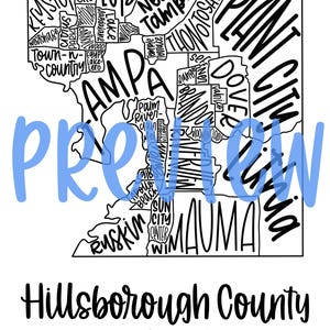 Puede incluir: Mapa de línea en blanco y negro del condado de Hillsborough, Florida. El mapa muestra los nombres de diferentes ciudades y pueblos dentro del condado, incluyendo Tampa, Plant City, Dover, Lutz, Thonotosassa y Ruskin.