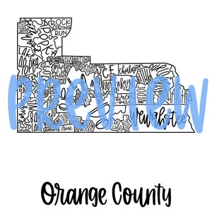 Puede incluir: Un mapa de línea de arte en blanco y negro del condado de Orange, Florida. El mapa está lleno de los nombres de las ciudades y pueblos dentro del condado, incluyendo Orlando, Winter Park y Apopka.