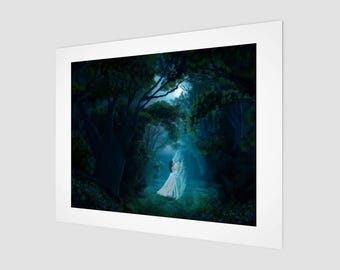 May include: A woman in a white dress stands in a dark forest with a moon shining through the trees. The woman is surrounded by a blue glow.