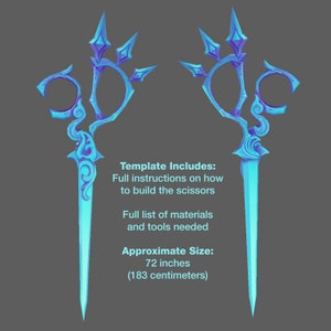May include: A pair of large, blue and purple scissors with intricate designs. The scissors are 72 inches (183 centimeters) long. The template includes full instructions on how to build the scissors and a list of materials and tools needed.
