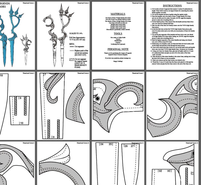May include: A printable pattern for crafting a pair of scissors with intricate details. The pattern includes instructions and materials needed for the project. The pattern is scaled to 1:4th and includes a personal note from the creator.