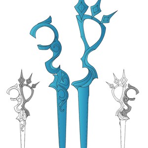 May include: A pair of blue scissors with a decorative design. The scissors are in the shape of a crown with a pointed tip. The scissors are from the League of Legends video game and are called Gwen's Scissors.