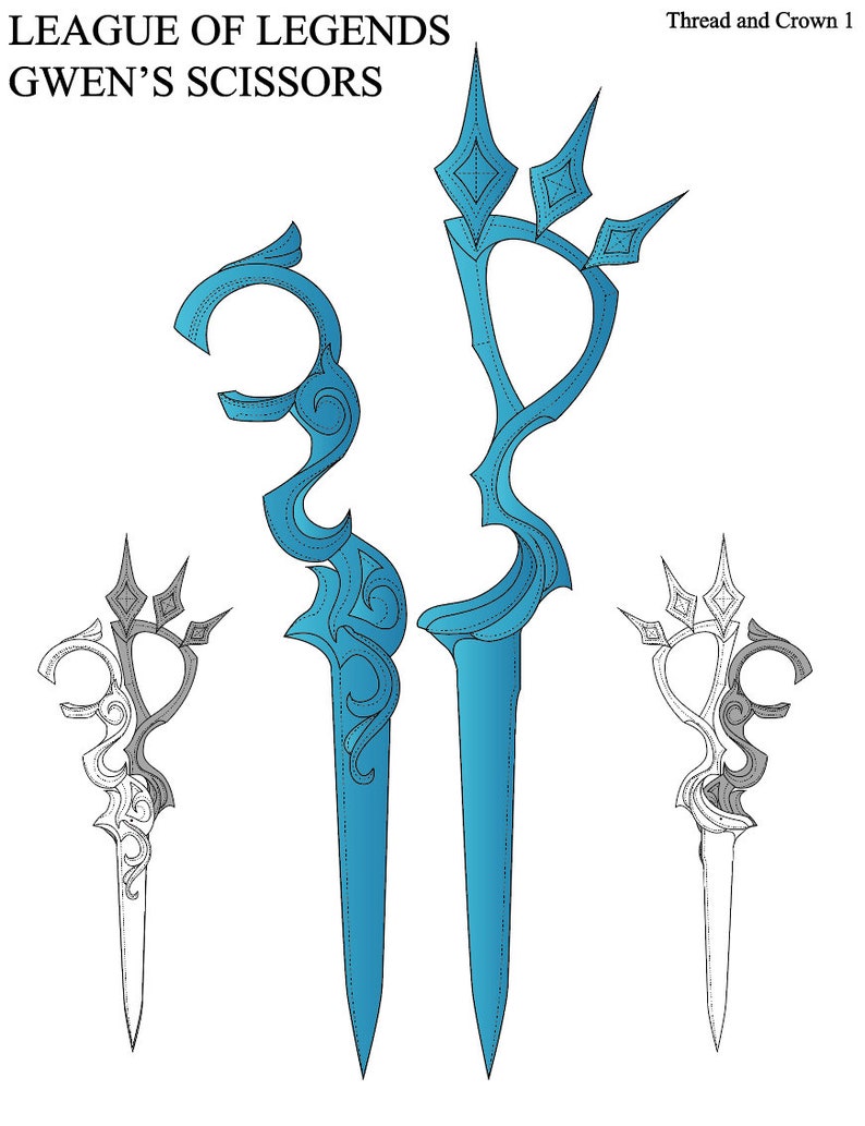 May include: A pair of blue scissors with a decorative design. The scissors are in the shape of a crown with a pointed tip. The scissors are from the League of Legends video game and are called Gwen's Scissors.