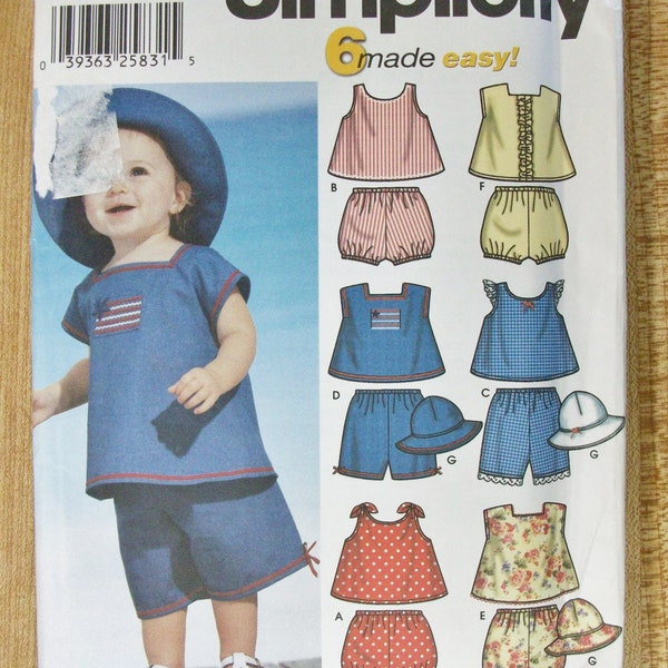 Simplicity Pattern 7239 - Complete and Uncut - Tops, Bloomers, Hat - Babies' Sizes XXS, XS, S, M, L