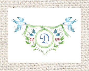 Blue Swallow and Green Banner Watercolor Monogram Crest Personalized Thank You Note | Welcome Baby | Baby Shower