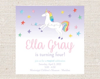 Rainbow Unicorn Ombre Birthday Invitation | Stars | Watercolor