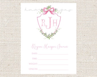 Pink Rose Crest Custom Girls Monogram Hospital Sign | Welcome Baby Door Sign | Shower Gift | Watercolor Welcome Baby Banner
