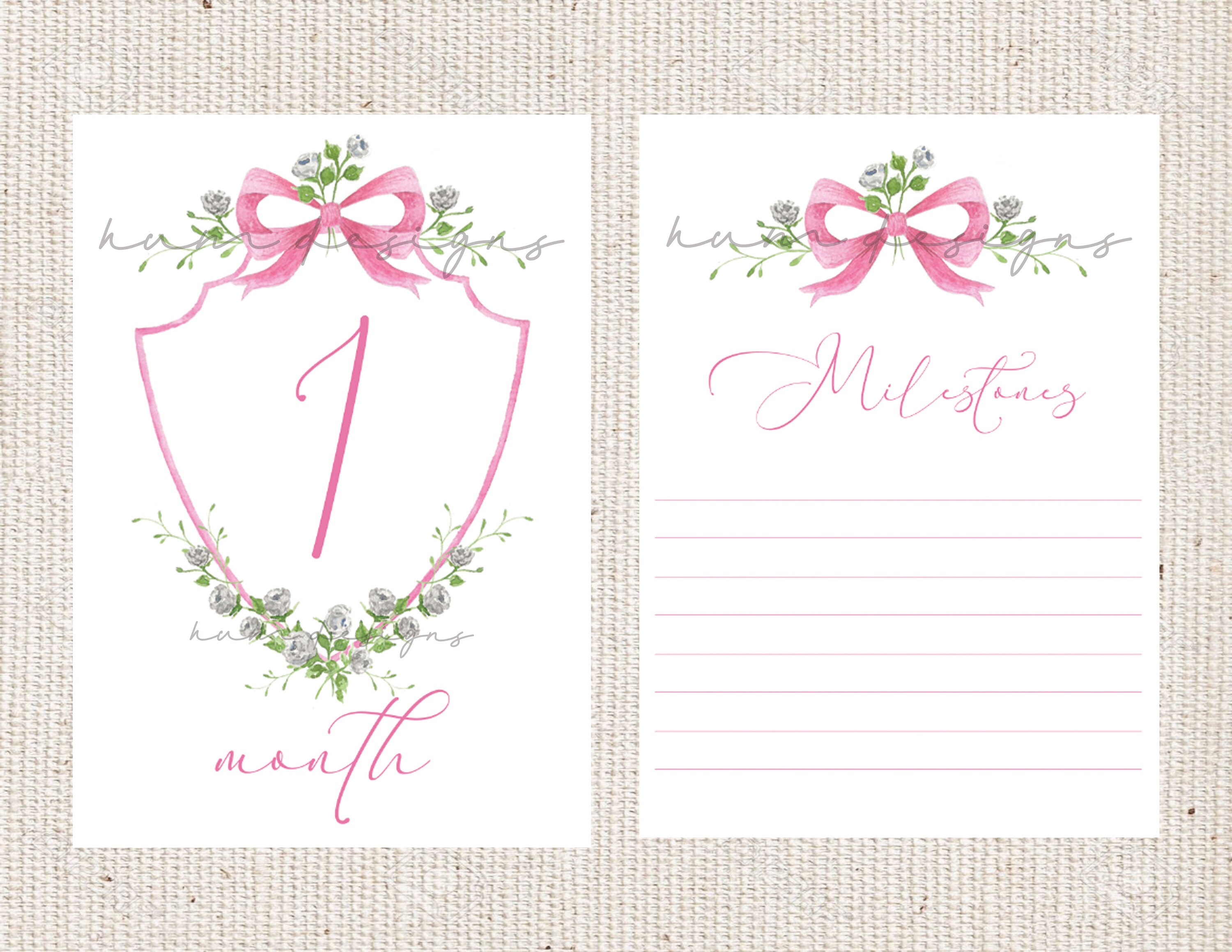 Pink Rose Floral Crest Baby Milestone Cards Double Sided - Etsy