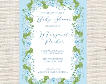 Blue Watercolor Floral Wreath Invitation | Sip and See | Baby Shower | Birthday Party | Bridal Shower