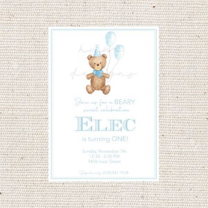 Beary 1st Birthday party Invitation | Teddy Bear | Blue bow | Little boy first birthday