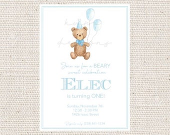 Beary 1st Birthday party Invitation | Teddy Bear | Blue bow | Little boy first birthday