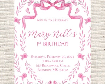 Pink bow butterfly birthday invitation | baby shower | bridal shower | watercolor floral