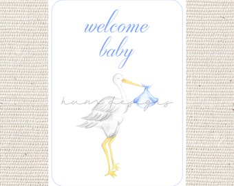 May include: A watercolor illustration features a stork carrying a blue bundle, with the words "welcome baby" in blue script. The image has a light blue border and is on a white background.