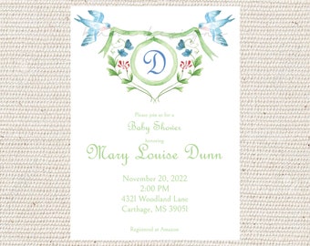 Blue Swallow and Green Banner Baby Shower Invitation | Watercolor