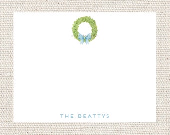 Topiary wreath blue gingham bow family stationery thank you note