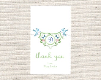 Blue Swallow and Green Banner Watercolor Monogram Crest Hanging tag | gift tag | personalized | Welcome baby