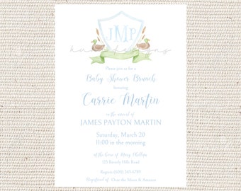 Blue and Green Duck Custom Crest Baby Shower Invitation | watercolor