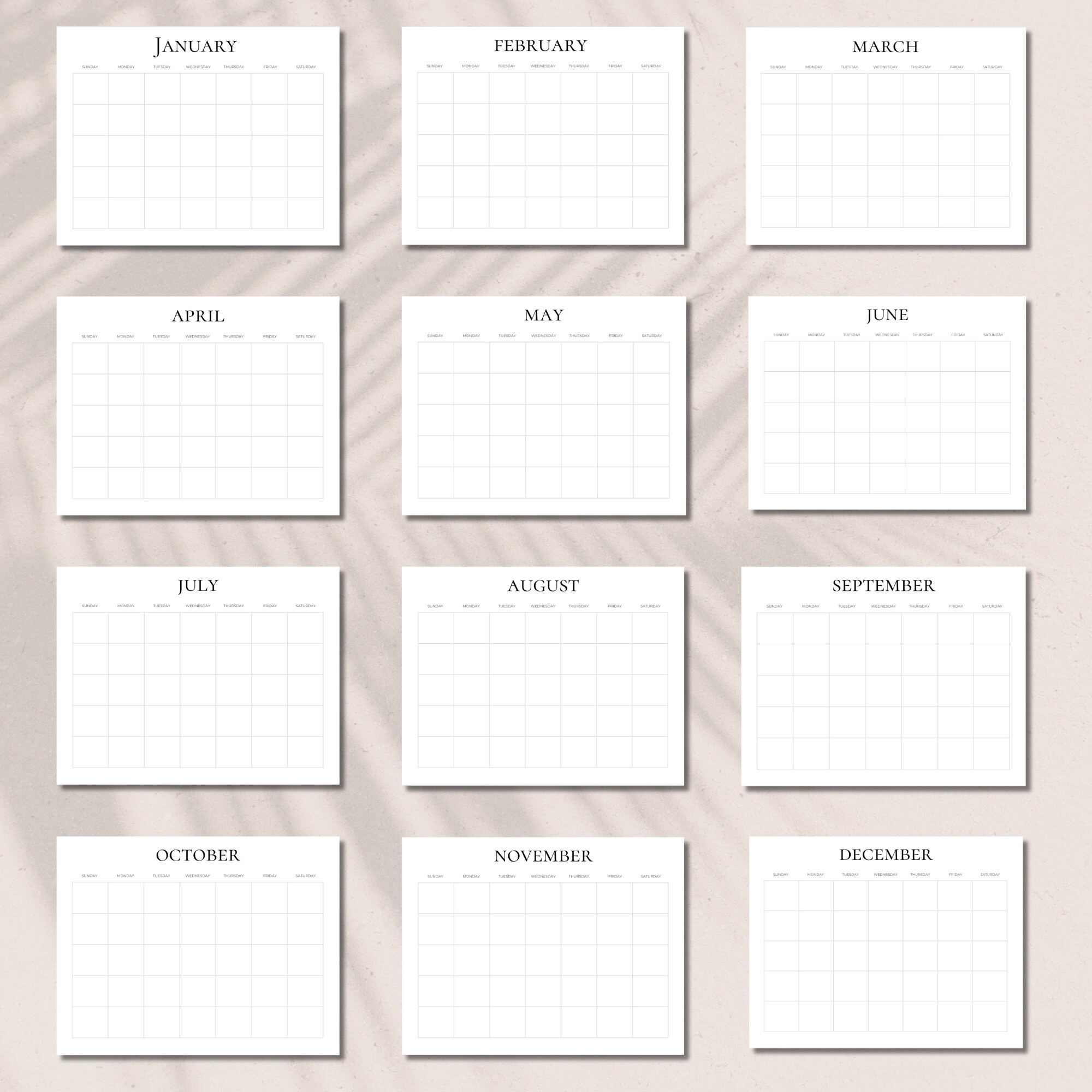 Minimal Blank Monthly Calendar, Printable Blank Calendar, 11 X 8.5 ...