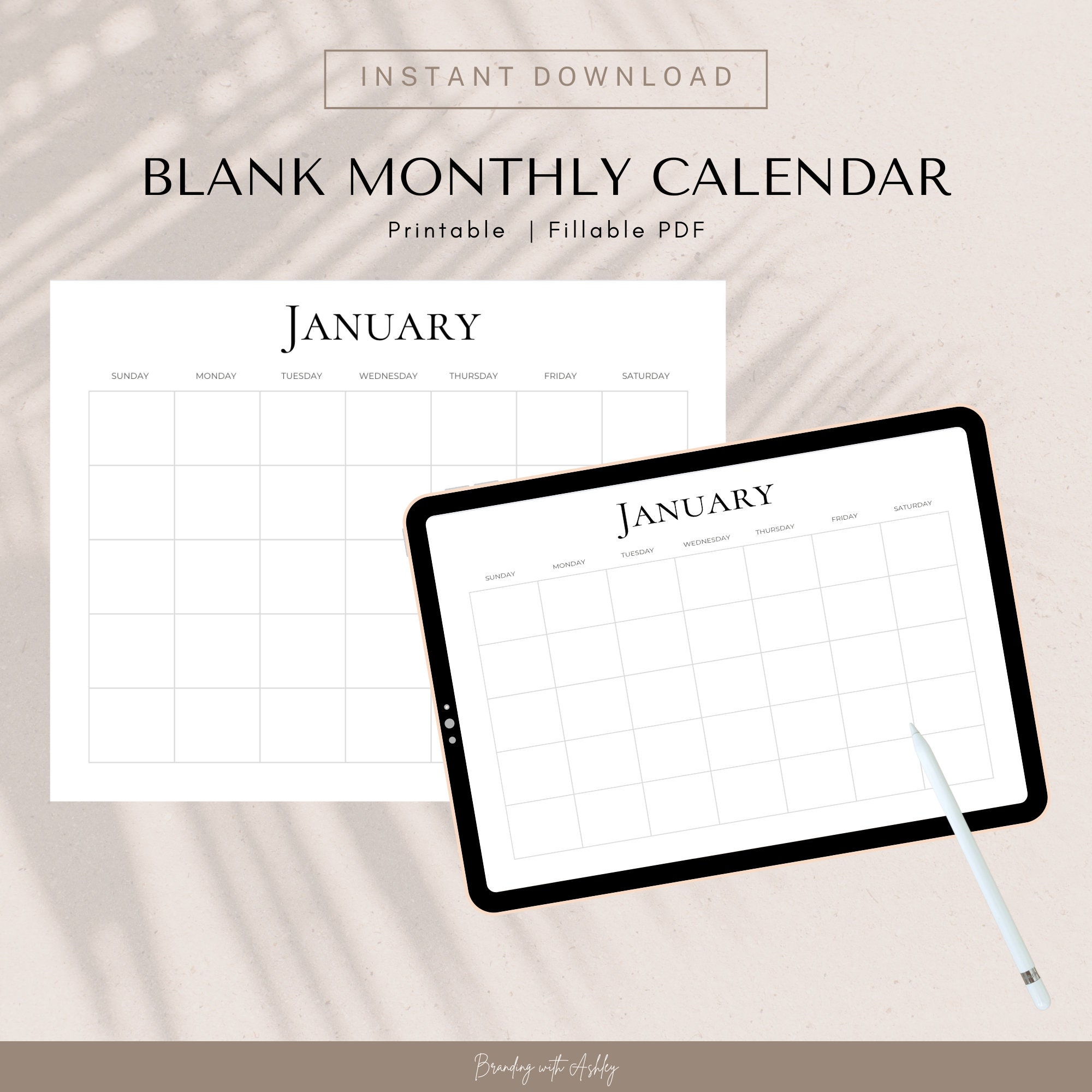 Minimal Blank Monthly Calendar, Printable Blank Calendar, 11 X 8.5 ...