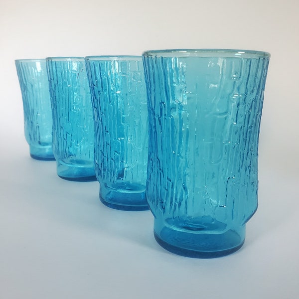 Vintage Anchor Hocking Pagoda Laser Blue 5oz Juice Glassware Set, 4 Small Teal Textured Tumblers, Old 70's Retro Beverage Drinking Glasses