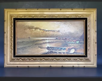 Obra de arte original de Amelia Soria, pintura al óleo sobre lienzo, barcos en la costa italiana al atardecer, montaje profesional, marco de madera hecho a mano de 33&quot; x 21&quot;