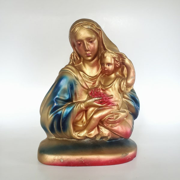1967 Holy Mother Mary & Baby Jesus Chalkware Bust, Religious Sculpture Madonna Holding Child Christ, Midcentury Handpainted Catholic Statue