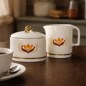 Vintage Harker Bakerit Modernist Creamer & Zuckerdose mit einem Art-Deco-Tulpen-Design, stromlinienförmiges minimalistisches Kaffeeset