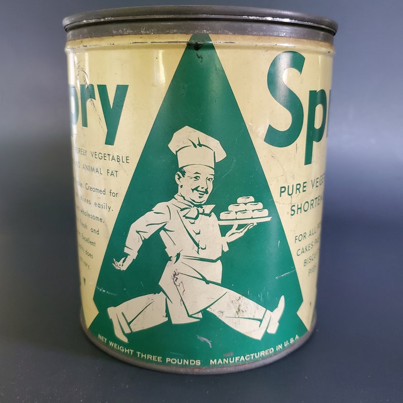 Original 3 Lbs Spry Vegetable Shortening Covered Can, Vintage Kitchen